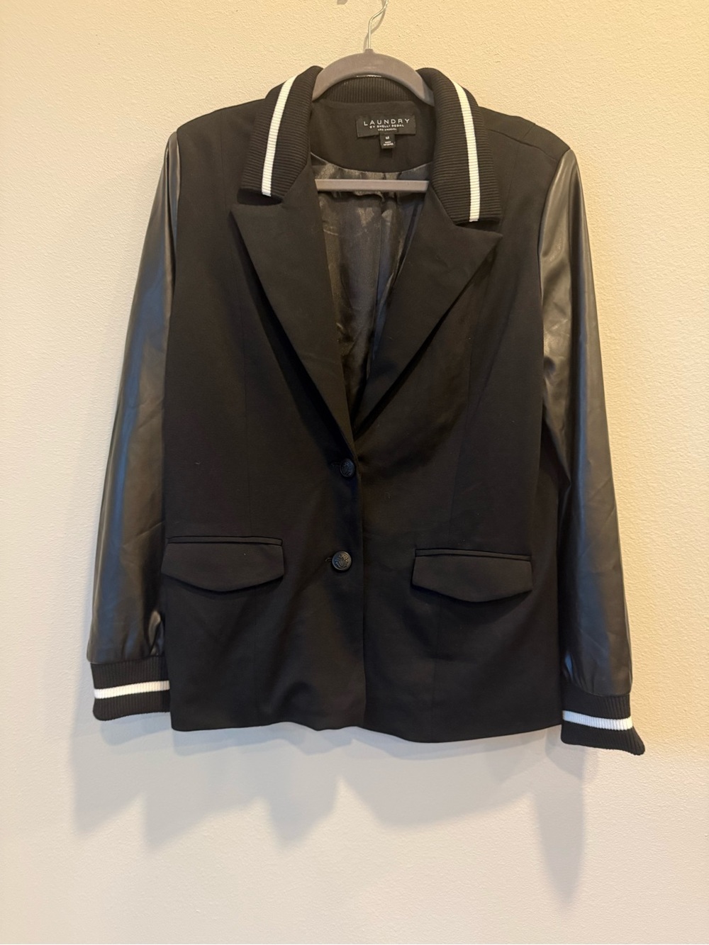 Laundry By Shelli Segal Black Blazer with Faux-Leather Sleeves and Stripe Trim